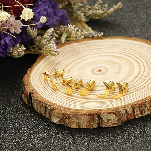 BESTEEL 3 Pares Acero Inoxidable Pendientes de Estrella Luna y Corazón de las Mujeres Aretes Pendientes Piercing Cartilago Joyería de Moda