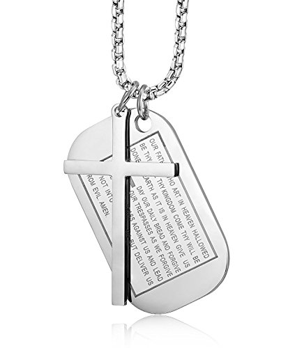 Besteel 3MM Acero Inoxidable Collar Colgante para Hombre Mujer Cruz Colgante Dog Tag Militar Collar Cadena Oración, 61CM Plata