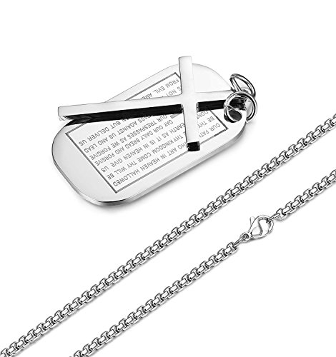 Besteel 3MM Acero Inoxidable Collar Colgante para Hombre Mujer Cruz Colgante Dog Tag Militar Collar Cadena Oración, 61CM Plata