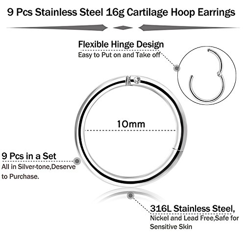 Besteel 9 Unids 16G de Acero Inoxidable Nariz Piercing Aro Pendientes para Las Mujeres Niñas Anillo de Piercing de Nariz Pierna del Labio joyería del Cuerpo 10mm