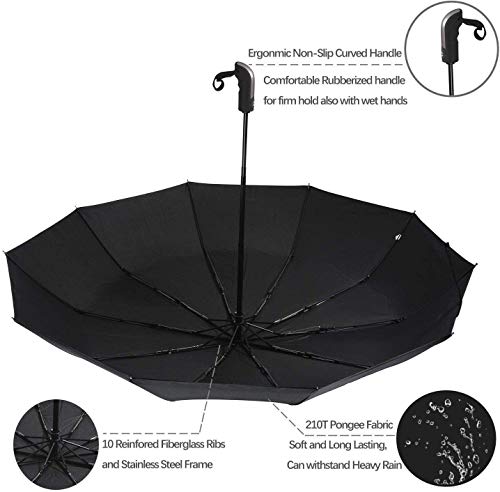 Bestico Paraguas Compacto y Resistente al Viento, Paraguas Plegable con Apertura y Cierre Automático, Tejido de Teflón 210T y con 10 Varillas Reforzadas. Mango Curvado Antideslizante y Cómodo (Negro)
