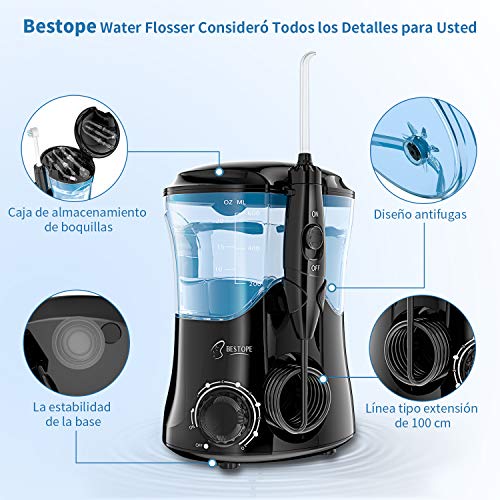 BESTOPE Irrigador Dental Profesional, 10 Presión Ajustables, 8 Boquillas Intercambiables, 600 ML Tanque de Agua Grande, Recomendado por el Dentista, Cuidando la Salud Dental Familiar, Regalo Más Ideal