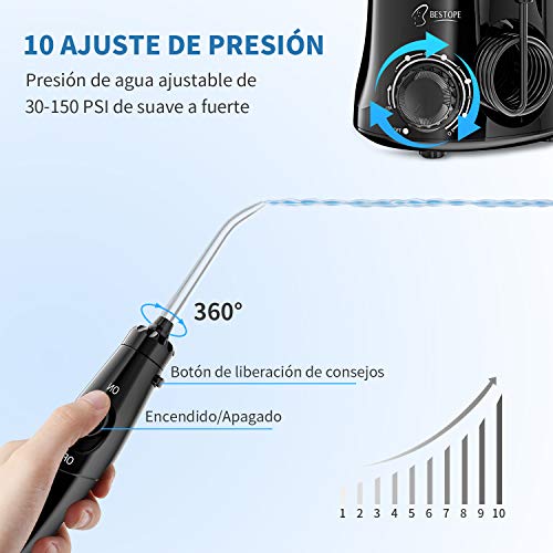 BESTOPE Irrigador Dental Profesional, 10 Presión Ajustables, 8 Boquillas Intercambiables, 600 ML Tanque de Agua Grande, Recomendado por el Dentista, Cuidando la Salud Dental Familiar, Regalo Más Ideal