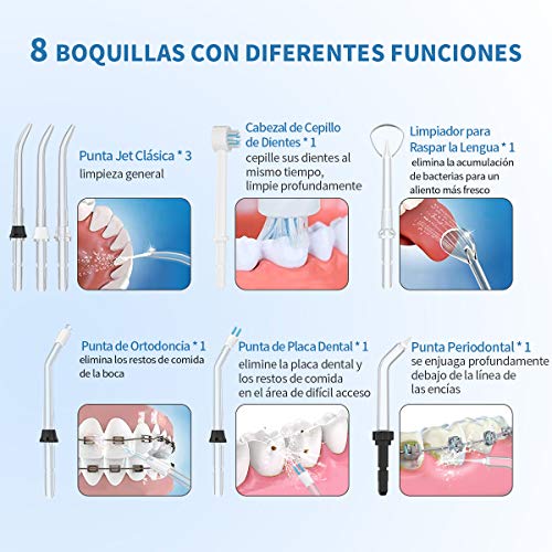 BESTOPE Irrigador Dental Profesional, 10 Presión Ajustables, 8 Boquillas Intercambiables, 600 ML Tanque de Agua Grande, Recomendado por el Dentista, Cuidando la Salud Dental Familiar, Regalo Más Ideal