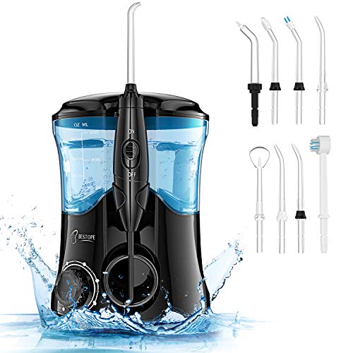 BESTOPE Irrigador Dental Profesional, 10 Presión Ajustables, 8 Boquillas Intercambiables, 600 ML Tanque de Agua Grande, Recomendado por el Dentista, Cuidando la Salud Dental Familiar, Regalo Más Ideal