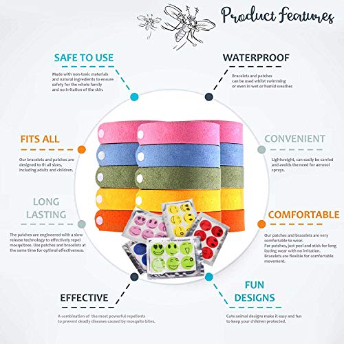 BESTZY 15PCS Repelente de Mosquitos /10PCS Pegatinas Repelentes Pulsera Repelente Antimosquitos Naturales Pulseras Repelentes de Mosquitos para una protección Prolongada contra Mosquitos e Insectos