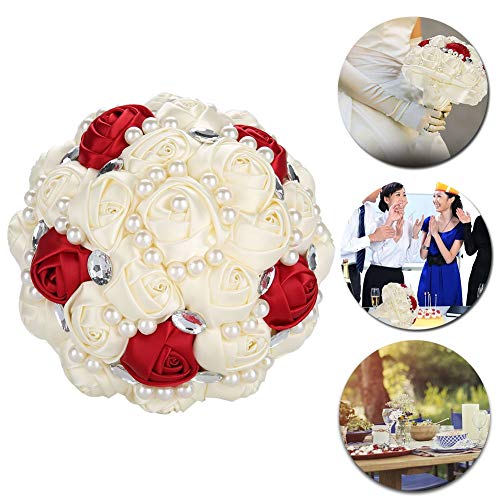 Betued Ramo de Mano de Boda de Perlas de Rosas, Ramo de Novia de Seda de Cristal Flores Artificiales, Decoraciones de Boda Flores Artificiales Falsas(Beige + Borgoña)