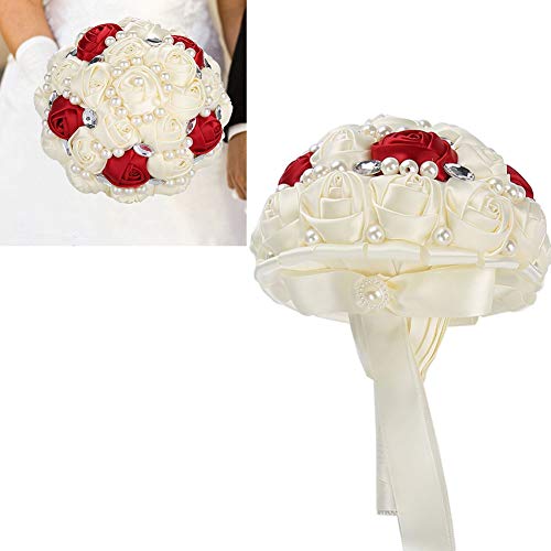 Betued Ramo de Mano de Boda de Perlas de Rosas, Ramo de Novia de Seda de Cristal Flores Artificiales, Decoraciones de Boda Flores Artificiales Falsas(Beige + Borgoña)