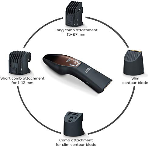 Beurer HR4000 - Cortabarbas con-sin cable, pantalla LED, 10 longitudes de corte, cuchilla cero inoxidable, con revestimiento titanio, carga rápida, autonomía 60 min, batería litio, color negro