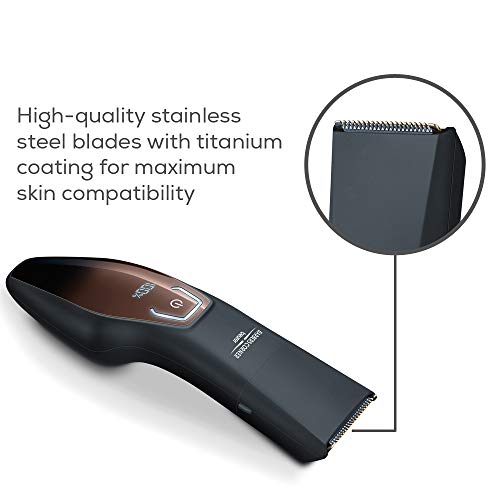 Beurer HR4000 - Cortabarbas con-sin cable, pantalla LED, 10 longitudes de corte, cuchilla cero inoxidable, con revestimiento titanio, carga rápida, autonomía 60 min, batería litio, color negro