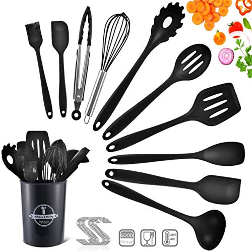 BEYAOBN 22 Piezas Utensilios de Cocina de Silicona, Utensilios de Cocina de Silicona Resistentes al Calor, Herramientas antiadherentes para Hornear en la Cocina 10 Juegos + 12 Ganchos S-Negro