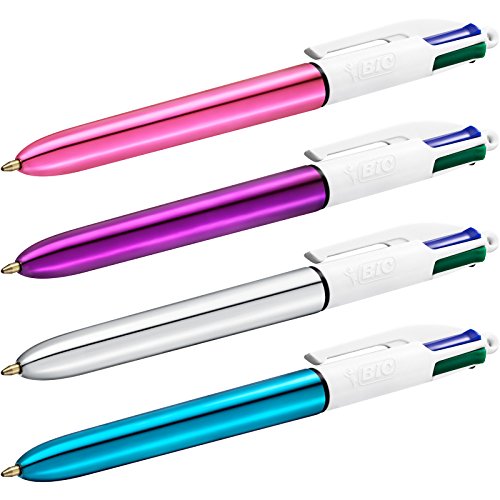 BIC 4 colores Shine Bolígrafo Retráctil punta media (1,0 mm) – colores Metálicos Surtidos, Blíster de 2+1