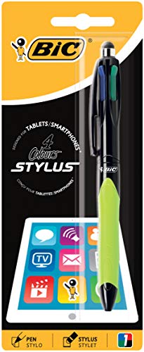 BIC 4 colores Stylus bolígrafos punta media (1,0 mm) - Grip Verde o Gris, Blíster de 1 Unidad