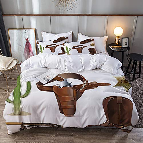 Big horn deer 3 Piezas Bedding Juego de Funda de Edredón,Iconos Occidentales y realistas del Vaquero Sheriff of The Town Pistolera con cinturó,Funda Nórdica Microfibra - Suaves y cómodas,220 x 240cm