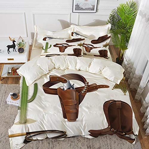Big horn deer 3 Piezas Bedding Juego de Funda de Edredón,Iconos Occidentales y realistas del Vaquero Sheriff of The Town Pistolera con cinturó,Funda Nórdica Microfibra - Suaves y cómodas,220 x 240cm