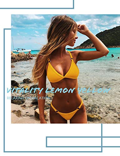 Bikini para mujer conjunto de bikinis para mujer traje de baño de cintura alta push up acolchado traje de baño favorecedor traje de baño Amarillo amarillo L