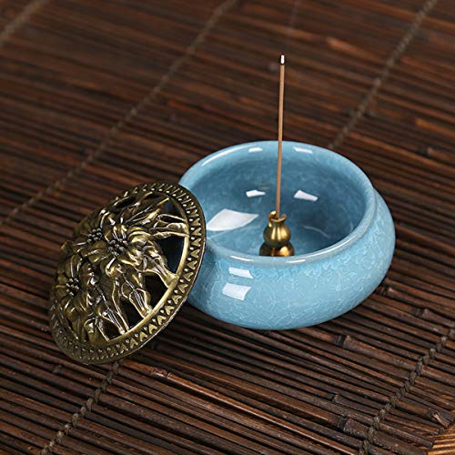 Biluer Quemador De Incienso Soporte De Incienso De Cerámica Incense Burner con Latón Mini Soporte y Tapa para Incienso De Palo Cono Bobina para Yoga Sala De Meditación Casa U Oficina (Azul del Cielo)