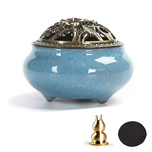 Biluer Quemador De Incienso Soporte De Incienso De Cerámica Incense Burner con Latón Mini Soporte y Tapa para Incienso De Palo Cono Bobina para Yoga Sala De Meditación Casa U Oficina (Azul del Cielo)
