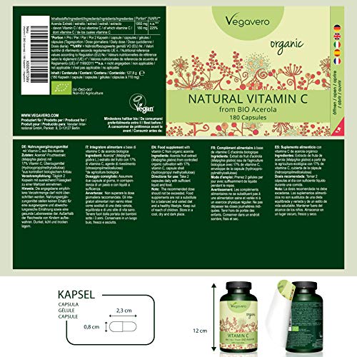 BIO Vitamina C Natural Vegavero® | 180 mg | 180 Cápsulas | Sin Aditivos Artificiales | De Extracto de Acerola Orgánica de Brasil | Sistema Inmunitario | Testado en Laboratorio | Apto para Veganos