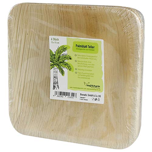 Bionatic Spain Platos Cuadrados de Hoja de Palmera. 100% orgánico, biologico, desechable y ecológico. Ideal para Bodas Fiestas cumpleaños y Eventos. (Cuadrado 15 x 15. 25 Unidades)