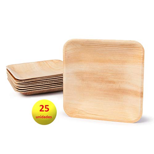 Bionatic Spain Platos Cuadrados de Hoja de Palmera. 100% orgánico, biologico, desechable y ecológico. Ideal para Bodas Fiestas cumpleaños y Eventos. (Cuadrado 15 x 15. 25 Unidades)