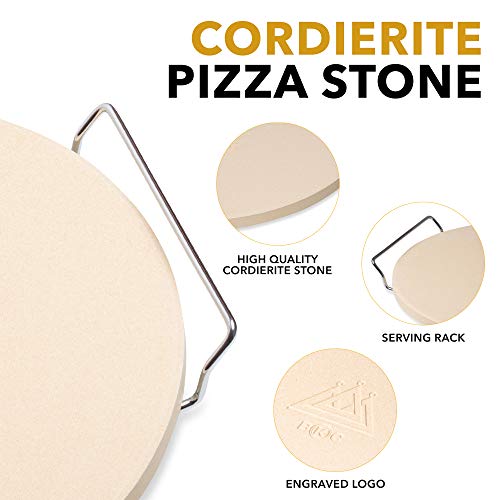 BKC Piedra para pizza para horno o barbacoa, piedra redonda grande con paleta de madera y soporte para servidor | Libro de recetas de pizza | Caja de regalo perfecta | Pastelería italiana casera