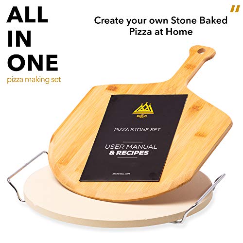 BKC Piedra para pizza para horno o barbacoa, piedra redonda grande con paleta de madera y soporte para servidor | Libro de recetas de pizza | Caja de regalo perfecta | Pastelería italiana casera