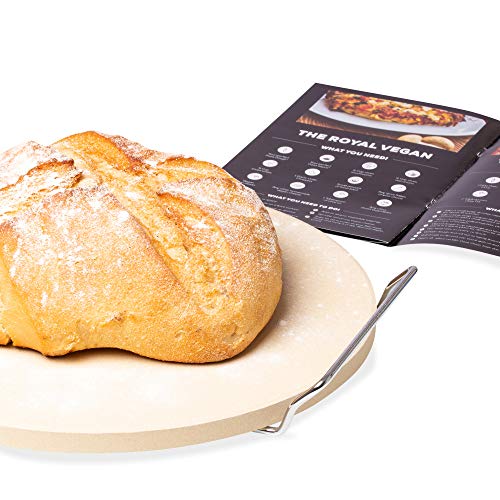 BKC Piedra para pizza para horno o barbacoa, piedra redonda grande con paleta de madera y soporte para servidor | Libro de recetas de pizza | Caja de regalo perfecta | Pastelería italiana casera