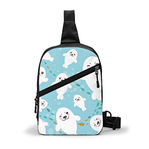 Blanco Kawaii Seal Pup Pecho Sling Bag Mochila Crossbody Hombro Casual Daypack Mochila para Hombres Mujeres Ciclismo Al Aire Libre Senderismo Viajes