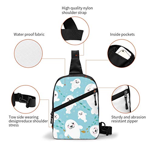 Blanco Kawaii Seal Pup Pecho Sling Bag Mochila Crossbody Hombro Casual Daypack Mochila para Hombres Mujeres Ciclismo Al Aire Libre Senderismo Viajes