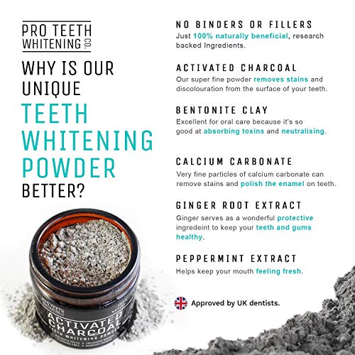 Blanqueador de Dientes Carbono Activo - Polvo de Carbón Activado para Blanqueamiento de Dientes - Blanqueador Dental Profesional - Hecho en el Reino Unido por Pro Teeth Whitening