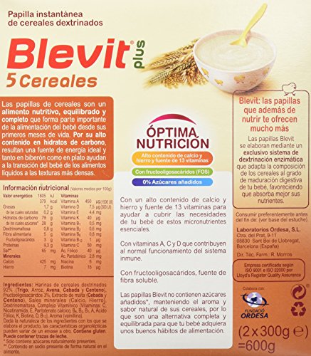 Blevit Plus 5 Cereales - Paquete de 2 x 300 gr - Total: 600 gr