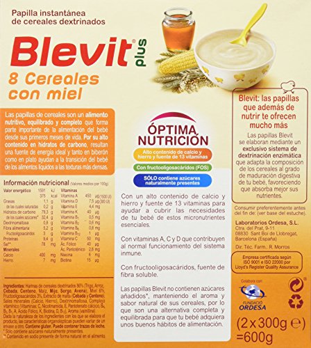 Blevit Plus 8 Cereales con Miel - Paquete de 2 x 300 gr - Total: 600 gr