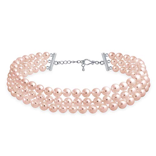 Bling Jewelry Nupcial Anudadas A Mano 3 Hileras Ancho Rosa Perla Simulado Collar Gargantilla para Adolescentes Mujer Chapados En Plata