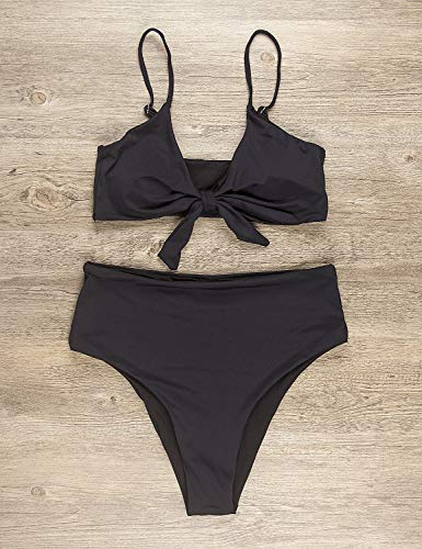 Blooming Jelly Conjunto de bikinis de cintura alta con efecto realce, acolchado, traje de baño favorecedor anudado con corbata para Mujeres [Negro] [Grande]