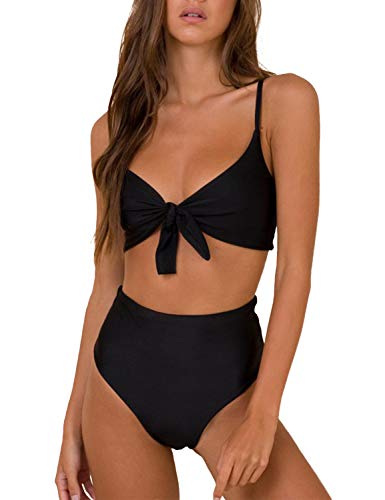 Blooming Jelly Conjunto de bikinis de cintura alta con efecto realce, acolchado, traje de baño favorecedor anudado con corbata para Mujeres [Negro] [Grande]