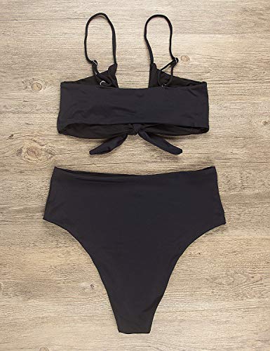 Blooming Jelly Conjunto de bikinis de cintura alta con efecto realce, acolchado, traje de baño favorecedor anudado con corbata para Mujeres [Negro] [Grande]