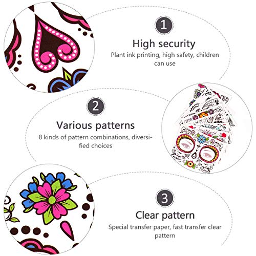 BLTR Resistente al Agua Cara Tatuajes temporales 8pcs de Halloween Día Floral de la Etiqueta engomada de la Cara cráneo Muerto del azúcar esquelético por Favor de Partido de México (Color Mixto) Sexy