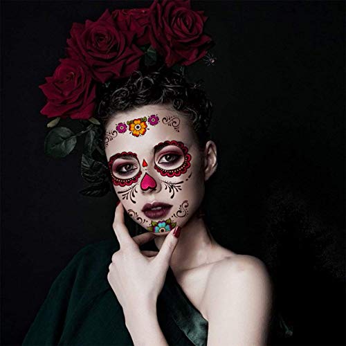 BLTR Resistente al Agua Cara Tatuajes temporales 8pcs de Halloween Día Floral de la Etiqueta engomada de la Cara cráneo Muerto del azúcar esquelético por Favor de Partido de México (Color Mixto) Sexy