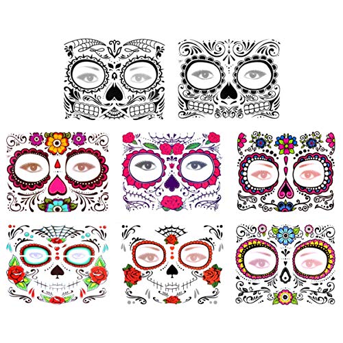 BLTR Resistente al Agua Cara Tatuajes temporales 8pcs de Halloween Día Floral de la Etiqueta engomada de la Cara cráneo Muerto del azúcar esquelético por Favor de Partido de México (Color Mixto) Sexy