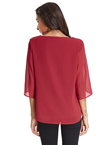 Blusa de Mujer Camisa de Gasa 3/4 Manga Ligera Cuello Redondo Suave Transpirable para El Verano Red Spring XL CLAF15-4