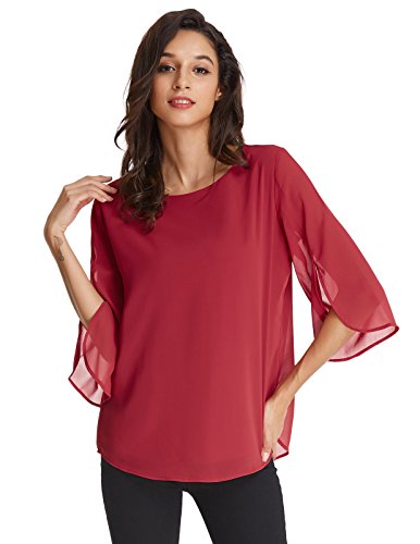 Blusa de Mujer Camisa de Gasa 3/4 Manga Ligera Cuello Redondo Suave Transpirable para El Verano Red Spring XL CLAF15-4