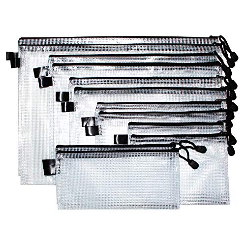 Bolsa de Archivo Malla con cremallera (12 Piezas) - Bolsas para Documentos Múltiples Tamaños Plástico - Bolsa Multipropósito Organizador para Cosméticos, Accesorios Viajes, Artículos Escuela y Oficina