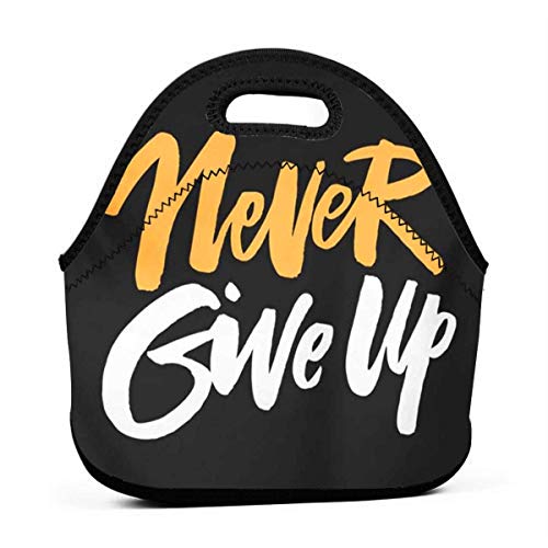 Bolsas de almuerzo aisladas y reutilizables para hombres de mujer, pequeña fiambrera nunca renunciar a la cita motivacional moderna cepillo pluma letras bolsas y para publicidad de blogs