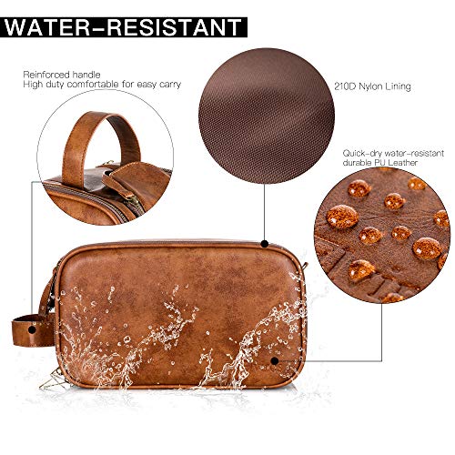Bolsas de Aseo de Cuero para Hombres Impermeable Neceser de Viaje de Lavado Kit de Afeitado Dopp Grande Organizador de Maquillaje Baño Gimnasio con Bolsa de Almacenamiento Gratis (Marrón)