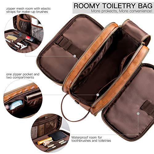 Bolsas de Aseo de Cuero para Hombres Impermeable Neceser de Viaje de Lavado Kit de Afeitado Dopp Grande Organizador de Maquillaje Baño Gimnasio con Bolsa de Almacenamiento Gratis (Marrón)
