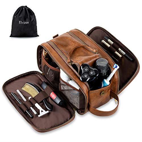 Bolsas de Aseo de Cuero para Hombres Impermeable Neceser de Viaje de Lavado Kit de Afeitado Dopp Grande Organizador de Maquillaje Baño Gimnasio con Bolsa de Almacenamiento Gratis (Marrón)