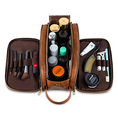 Bolsas de Aseo de Cuero para Hombres Impermeable Neceser de Viaje de Lavado Kit de Afeitado Dopp Grande Organizador de Maquillaje Baño Gimnasio con Bolsa de Almacenamiento Gratis (Marrón)