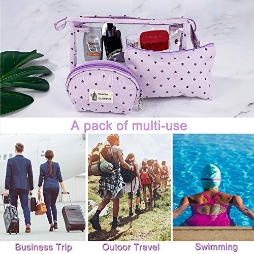 Bolsas de Cosméticos Mujer Bolsa de Maquillaje de Tocador Transparente para Viajes, 3PCS Estuche Organizador de Belleza de Plástico Impermeable para Vacaciones, Púrpura