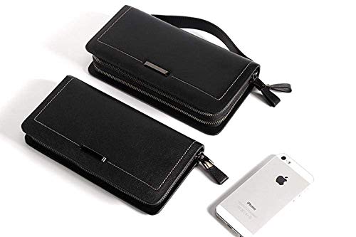 Bolsas de cuero genuino de los hombres de los hombres de bolsos de cuero ocasionales Manguitos de agua suavizada Monedero primera capa de cuero de vaca extracción doble de gran capacidad Monedero-Blac